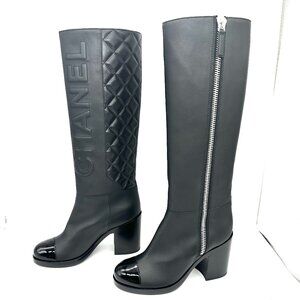 CHANEL 19B Calfskin Leather Signature Logo Knee High Tall Boots Heels